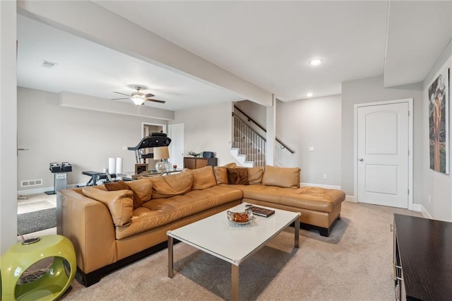 9504 N Amoret Ave, Kansas City, MO 64154 - living area with stairway, recessed lighting, light colored carpet, a ceiling fan, and baseboards