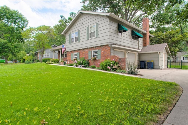 301 W 109th St, Kansas City, MO 64114 - view of front of home featuring a garage, brick siding, concrete driveway, and a chimney