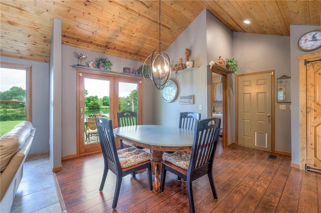 210 SE 200th Rd, Clinton, MO 64735 - dining room featuring lofted ceiling, wood ceiling, a chandelier, wood-type flooring, and baseboards