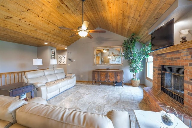 210 SE 200th Rd, Clinton, MO 64735 - living room featuring wood ceiling, ceiling fan, baseboards, lofted ceiling, and a brick fireplace