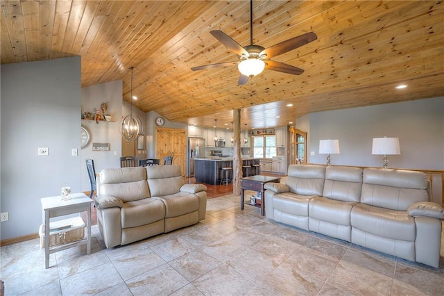 210 SE 200th Rd, Clinton, MO 64735 - living room featuring wood ceiling, ceiling fan, vaulted ceiling, baseboards, and recessed lighting