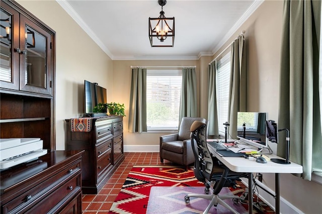 4618 Warwick Blvd Unit 6C, Kansas City, MO 64112 - office area featuring baseboards, ornamental molding, dark tile patterned floors, and a chandelier