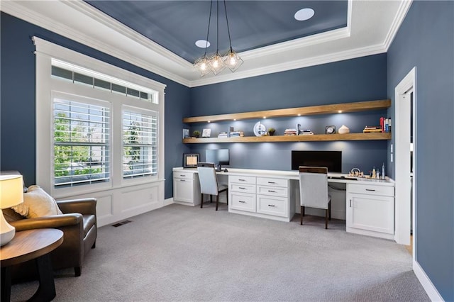 9291 Brownridge St, Lenexa, KS 66220 - office space with built in desk, crown molding, light colored carpet, and a raised ceiling