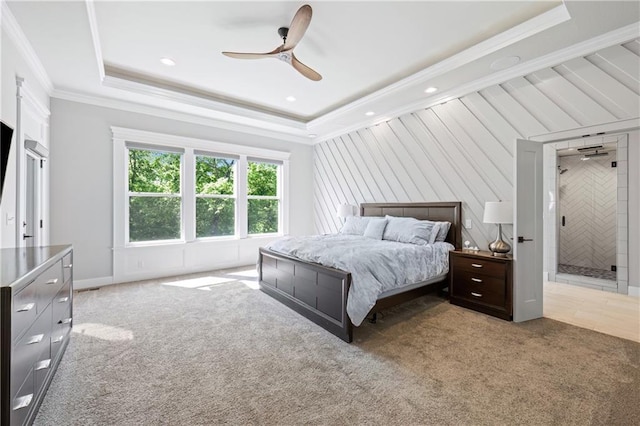 9291 Brownridge St, Lenexa, KS 66220 - bedroom with carpet flooring, a raised ceiling, crown molding, a ceiling fan, and recessed lighting