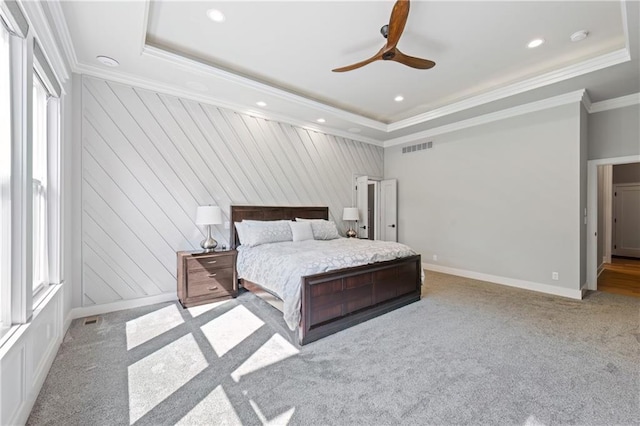 9291 Brownridge St, Lenexa, KS 66220 - carpeted bedroom featuring crown molding, a raised ceiling, recessed lighting, and a ceiling fan