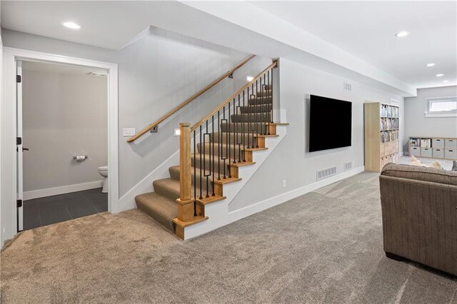 9291 Brownridge St, Lenexa, KS 66220 - staircase featuring carpet flooring and recessed lighting