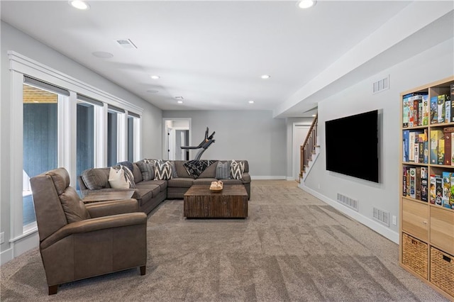 9291 Brownridge St, Lenexa, KS 66220 - living area with stairway, recessed lighting, and carpet