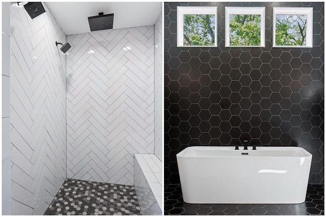 9291 Brownridge St, Lenexa, KS 66220 - bathroom with tile walls, healthy amount of natural light, a tile shower, and a freestanding bath