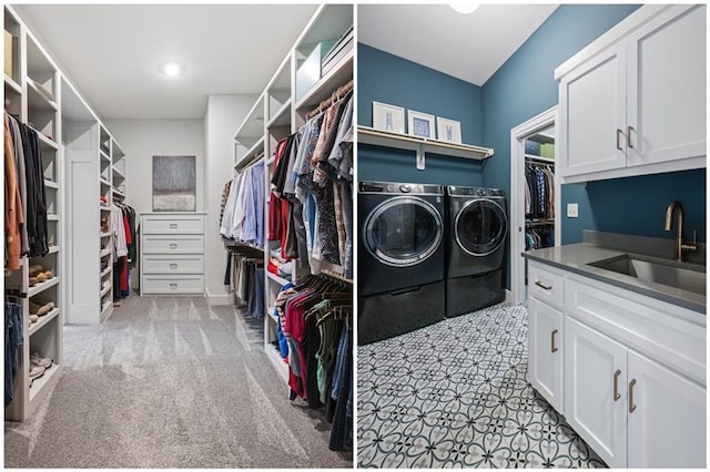 9291 Brownridge St, Lenexa, KS 66220 - laundry area featuring washer and clothes dryer, cabinet space, and light carpet