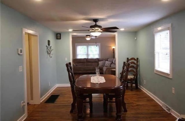 112 Ferrel St, Platte City, MO 64079 - dining area featuring baseboards, recessed lighting, wood finished floors, and a ceiling fan
