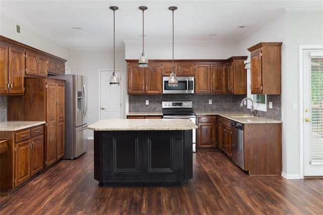 16533 W 80th St, Lenexa, KS 66219 - kitchen with appliances with stainless steel finishes, dark wood finished floors, decorative backsplash, a center island, and crown molding
