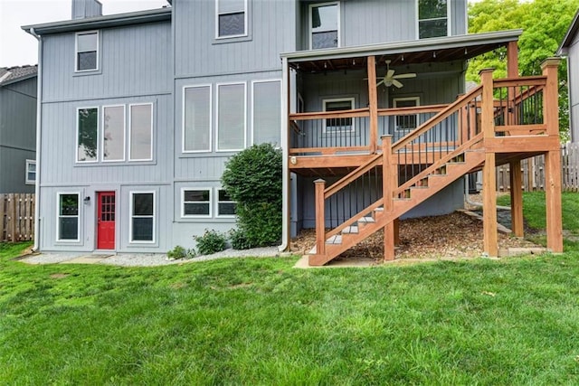 16533 W 80th St, Lenexa, KS 66219 - rear view of house featuring stairs, a ceiling fan, a deck, and a chimney