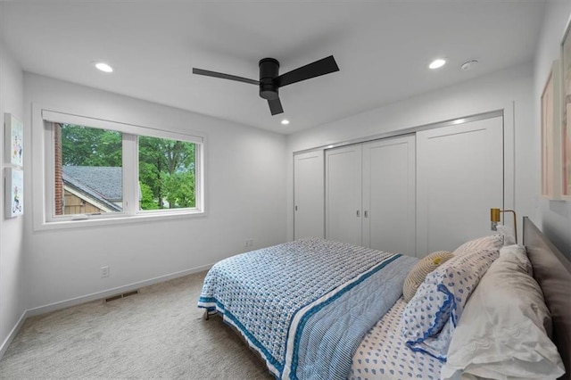 2711 W 49th St, Westwood, KS 66205 - bedroom featuring carpet flooring, baseboards, recessed lighting, a closet, and a ceiling fan
