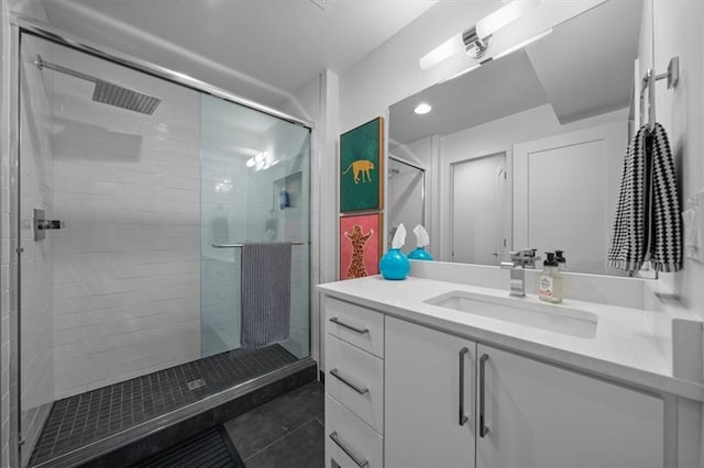 2711 W 49th St, Westwood, KS 66205 - full bathroom with a shower stall, tile patterned floors, and vanity