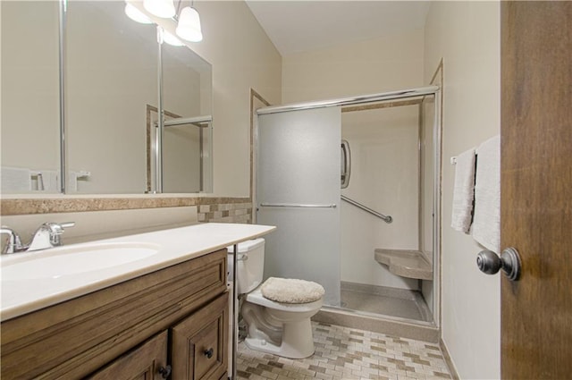 445 W 104th St Unit C, Kansas City, MO 64114 - full bathroom featuring toilet, vanity, a stall shower, tile patterned flooring, and lofted ceiling