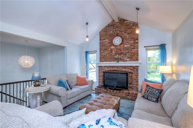 14001 S Tomahawk Dr, Olathe, KS 66062 - living area featuring beam ceiling, high vaulted ceiling, a brick fireplace, and a chandelier