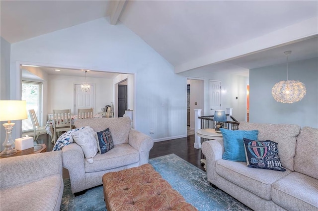 14001 S Tomahawk Dr, Olathe, KS 66062 - living area featuring a chandelier, beamed ceiling, high vaulted ceiling, and wood finished floors
