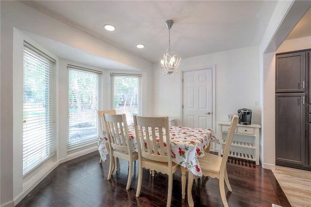 14001 S Tomahawk Dr, Olathe, KS 66062 - dining space featuring dark wood-style floors, a chandelier, and recessed lighting