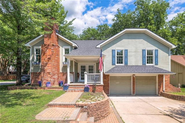 14001 S Tomahawk Dr, Olathe, KS 66062 - tri-level home with brick siding, roof with shingles, a garage, and a chimney