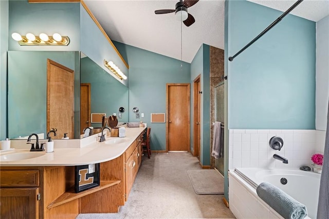1229 SE Princeton Dr, Lees Summit, MO 64081 - bathroom featuring a bath, double vanity, a stall shower, ceiling fan, and lofted ceiling