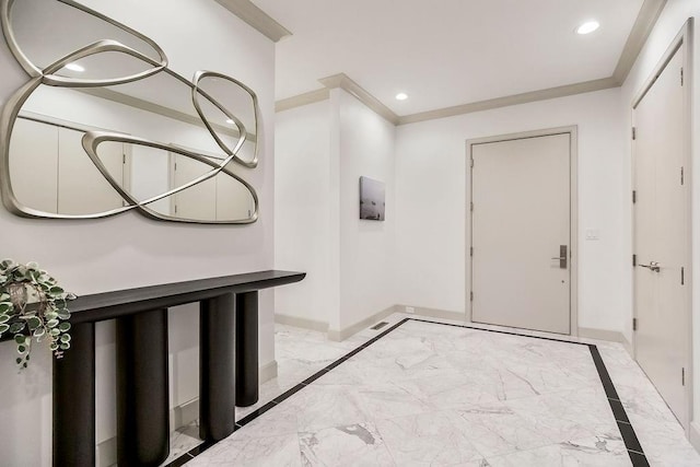 400 W 49th Ter Unit 2106, Kansas City, MO 64112 - foyer entrance with light marble finish floors, baseboards, recessed lighting, and crown molding