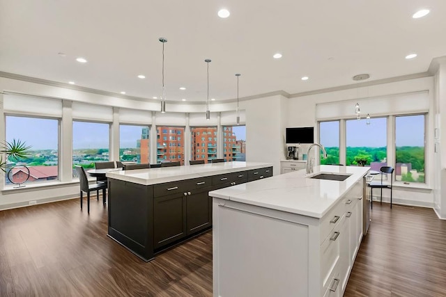 400 W 49th Ter Unit 2106, Kansas City, MO 64112 - kitchen featuring a kitchen island with sink, a sink, dark wood finished floors, decorative light fixtures, and recessed lighting