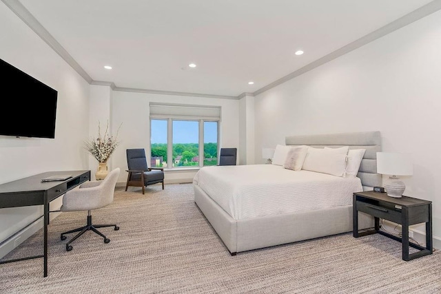 400 W 49th Ter Unit 2106, Kansas City, MO 64112 - carpeted bedroom with crown molding, recessed lighting, and baseboards