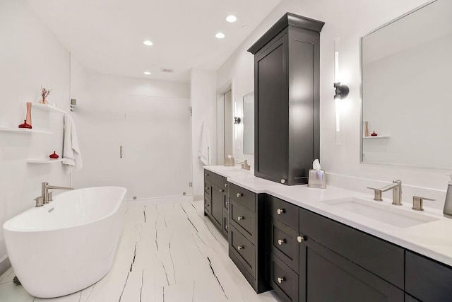 400 W 49th Ter Unit 2106, Kansas City, MO 64112 - full bathroom with marble finish floors, double vanity, a soaking tub, recessed lighting, and a shower stall