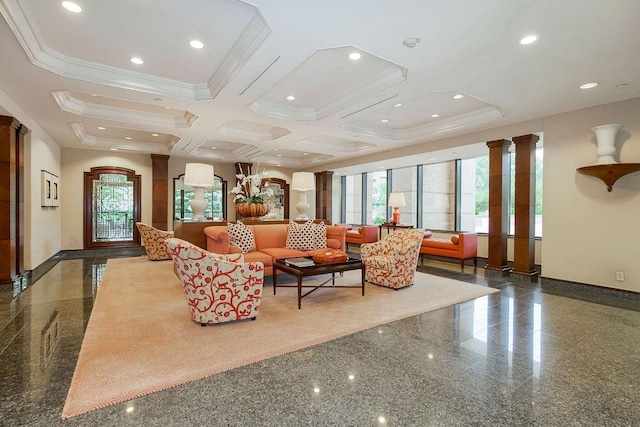 400 W 49th Ter Unit 2106, Kansas City, MO 64112 - lobby with recessed lighting, ornamental molding, and coffered ceiling