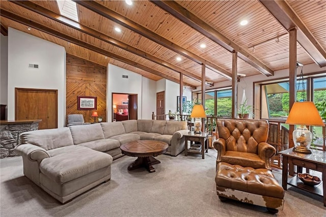 19913 Pepper Tree Rd, Edgerton, KS 66021 - living room featuring a wood ceiling with exposed beams, carpet floors, high vaulted ceiling, recessed lighting, and wood walls