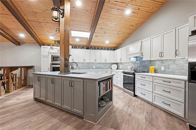 19913 Pepper Tree Rd, Edgerton, KS 66021 - kitchen with stainless steel appliances, premium range hood, backsplash, a center island with sink, and light wood finished floors
