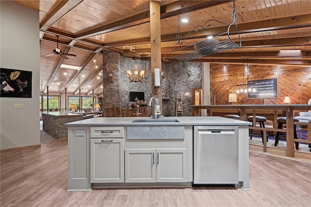 19913 Pepper Tree Rd, Edgerton, KS 66021 - kitchen featuring dishwasher, open floor plan, a wood ceiling with exposed beams, light wood-style floors, and a chandelier