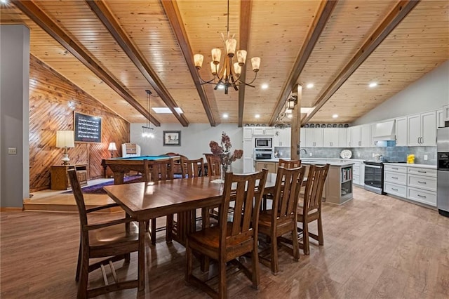19913 Pepper Tree Rd, Edgerton, KS 66021 - dining room with a wooden ceiling with exposed beams, wooden walls, light wood finished floors, billiards table, and a chandelier