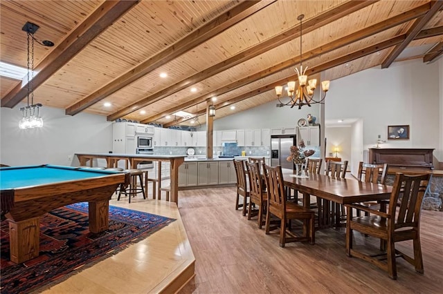 19913 Pepper Tree Rd, Edgerton, KS 66021 - dining space featuring wooden ceiling, a chandelier, light wood-type flooring, and billiards table