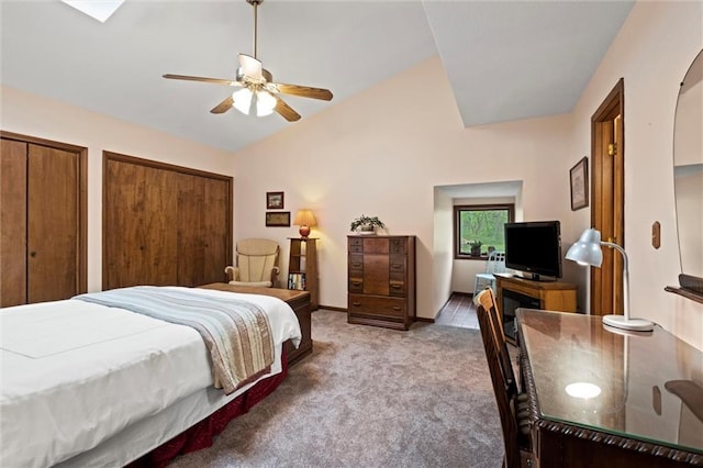 19913 Pepper Tree Rd, Edgerton, KS 66021 - bedroom featuring carpet flooring, lofted ceiling, two closets, and ceiling fan