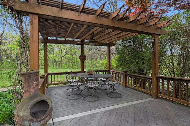19913 Pepper Tree Rd, Edgerton, KS 66021 - wooden terrace featuring a pergola, outdoor dining area, and a ceiling fan