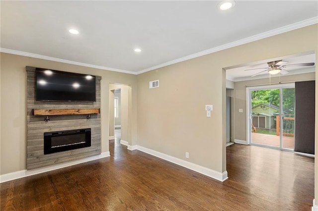 8424 Ward Parkway Plz, Kansas City, MO 64114 - unfurnished living room with wood finished floors, a glass covered fireplace, crown molding, a ceiling fan, and recessed lighting