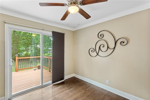 8424 Ward Parkway Plz, Kansas City, MO 64114 - empty room with dark wood-style floors, ornamental molding, and ceiling fan