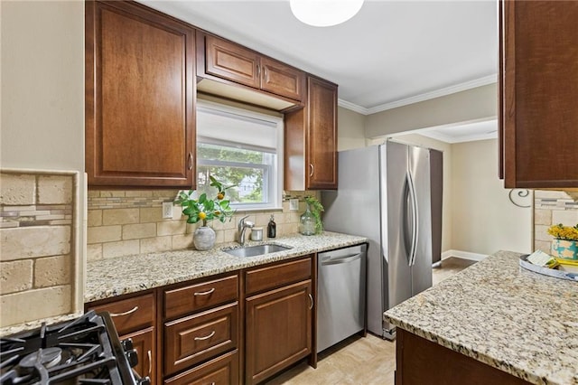 8424 Ward Parkway Plz, Kansas City, MO 64114 - kitchen with stainless steel dishwasher, backsplash, ornamental molding, light stone countertops, and gas stove