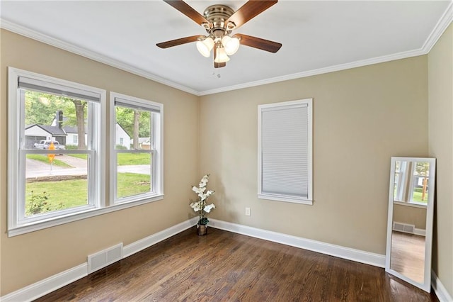 8424 Ward Parkway Plz, Kansas City, MO 64114 - unfurnished room with dark wood-style floors, ornamental molding, and a ceiling fan