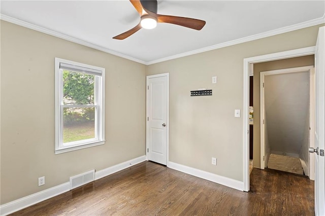 8424 Ward Parkway Plz, Kansas City, MO 64114 - unfurnished bedroom featuring crown molding, dark wood-style flooring, and a ceiling fan