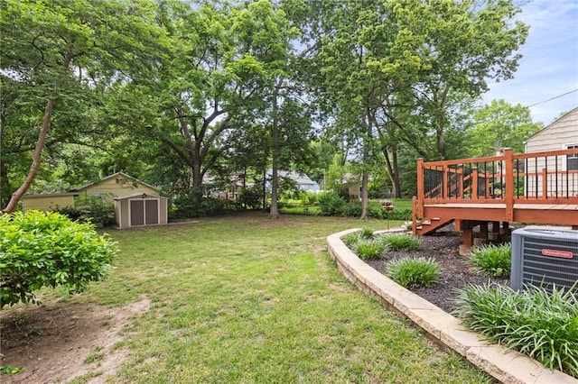 8424 Ward Parkway Plz, Kansas City, MO 64114 - view of green lawn with a shed, a wooden deck, and stairway