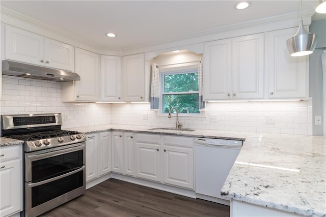 10246 Russell St, Overland Park, KS 66212 - kitchen with double oven range, white dishwasher, under cabinet range hood, white cabinets, and recessed lighting