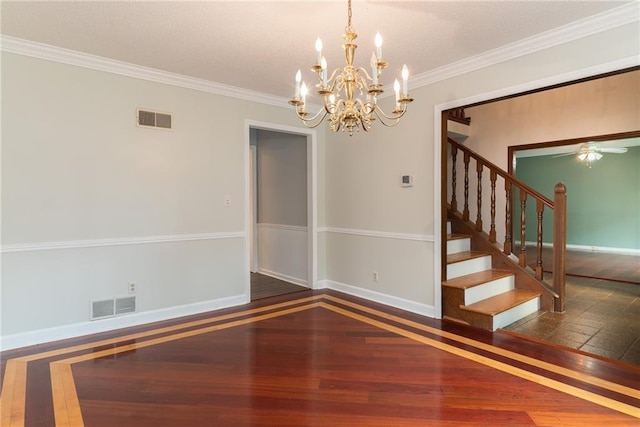 10246 Russell St, Overland Park, KS 66212 - unfurnished room featuring wood finished floors, a chandelier, stairs, ornamental molding, and inlaid floor details