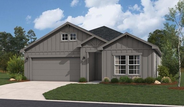 20656 Barker St, Spring Hill, KS 66083 - view of front of home with board and batten siding, driveway, a front lawn, and a garage