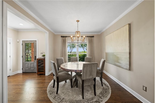 14906 Knorpp Rd, Pleasant Hill, MO 64080 - dining room with a chandelier, plenty of natural light, dark wood-style floors, and crown molding