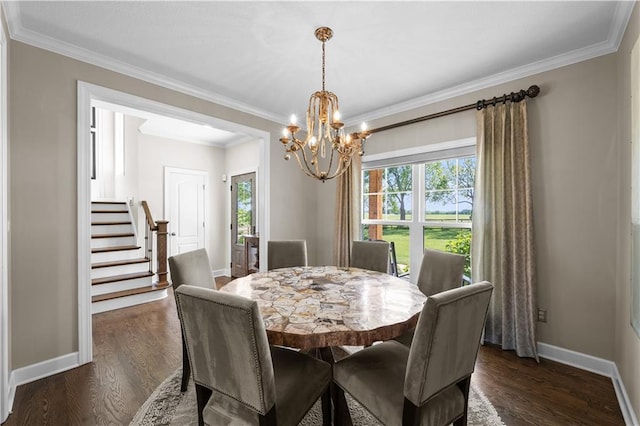 14906 Knorpp Rd, Pleasant Hill, MO 64080 - dining space with a chandelier, ornamental molding, dark wood finished floors, and stairway