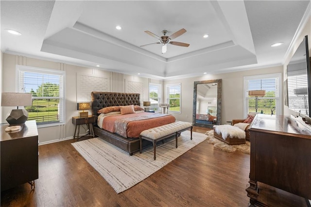 14906 Knorpp Rd, Pleasant Hill, MO 64080 - bedroom with a tray ceiling, multiple windows, wood finished floors, recessed lighting, and crown molding