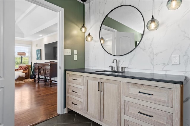 14906 Knorpp Rd, Pleasant Hill, MO 64080 - bathroom featuring vanity, tile patterned floors, and ornamental molding