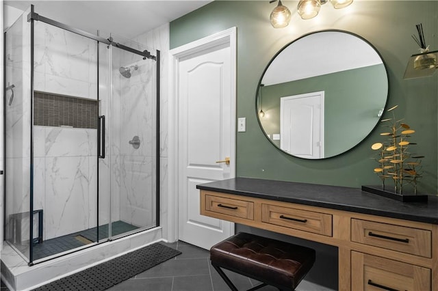 14906 Knorpp Rd, Pleasant Hill, MO 64080 - bathroom with vanity, a marble finish shower, and tile patterned flooring